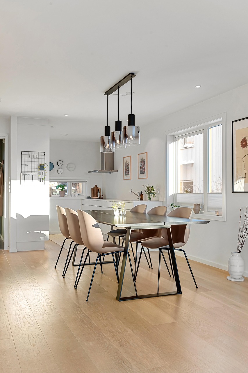 Services house, interior, real estate, dining room, table, chairs, luxury, floor, wooden, decor, cabinets, kitchen, windows, art, hallway, lamps, home